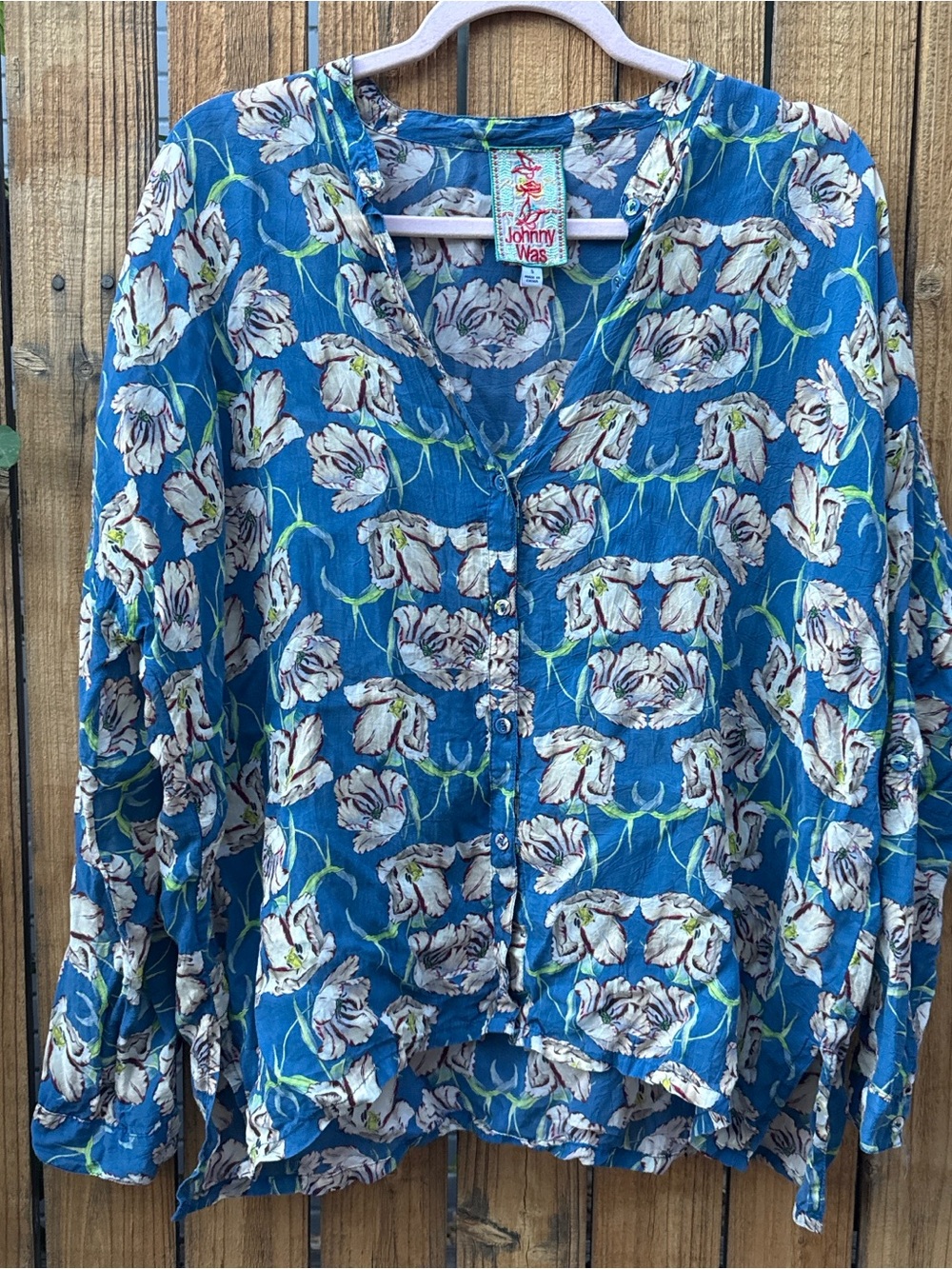 Johnny Was Blue Floral V-Neck Button Down Top